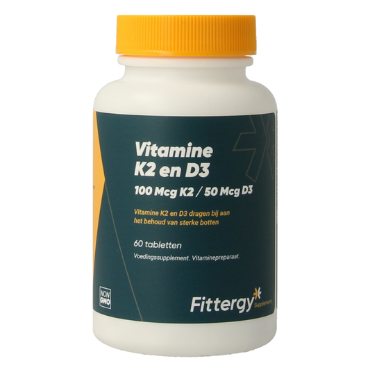 Fittergy multivitamin tablets with K2 100mcg and D3 50mcg, showing a bottle of supplement tablets.