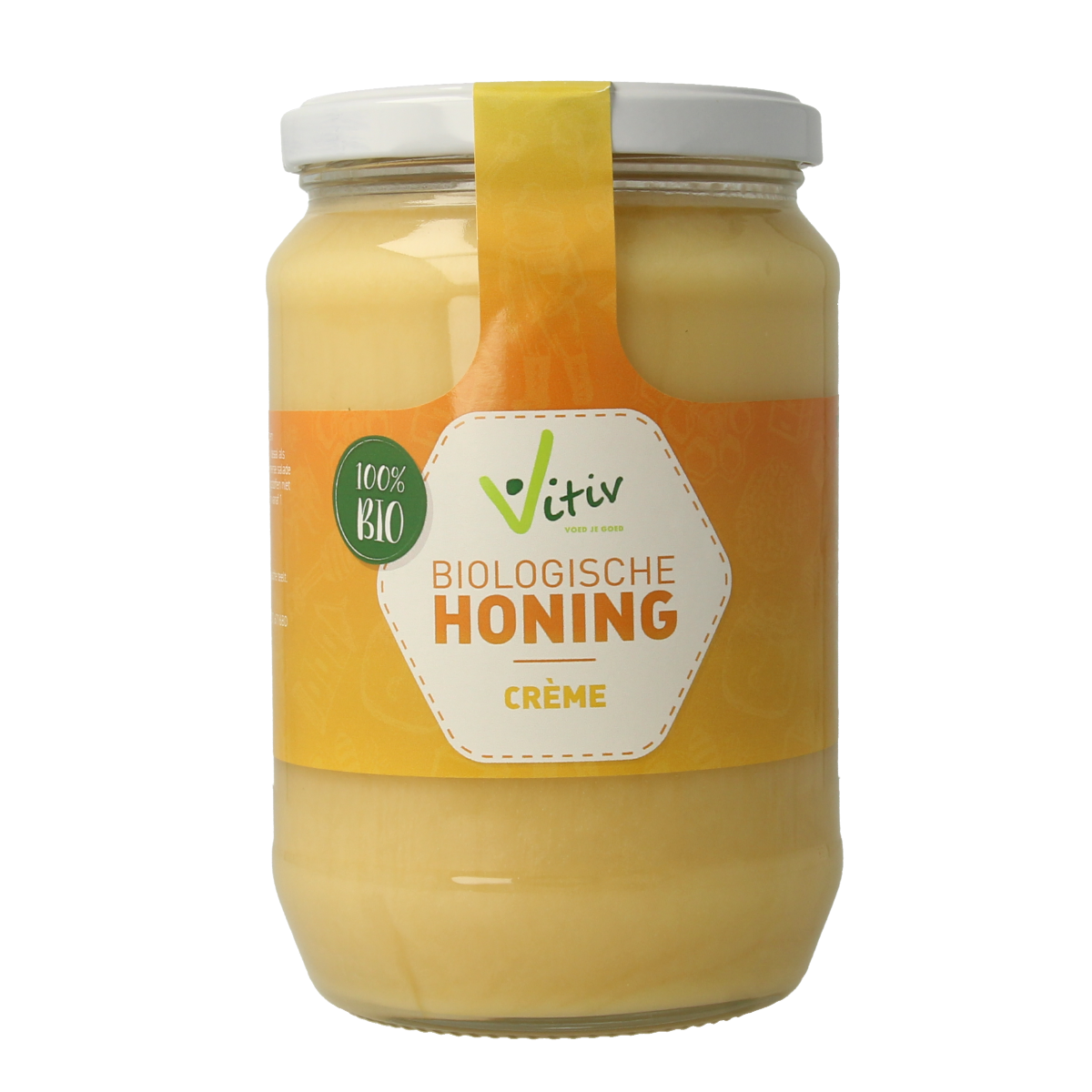 Vitiv Honing creme bio jar, 900g, natural honey spread with golden color and smooth texture, ideal for baking and spreading.