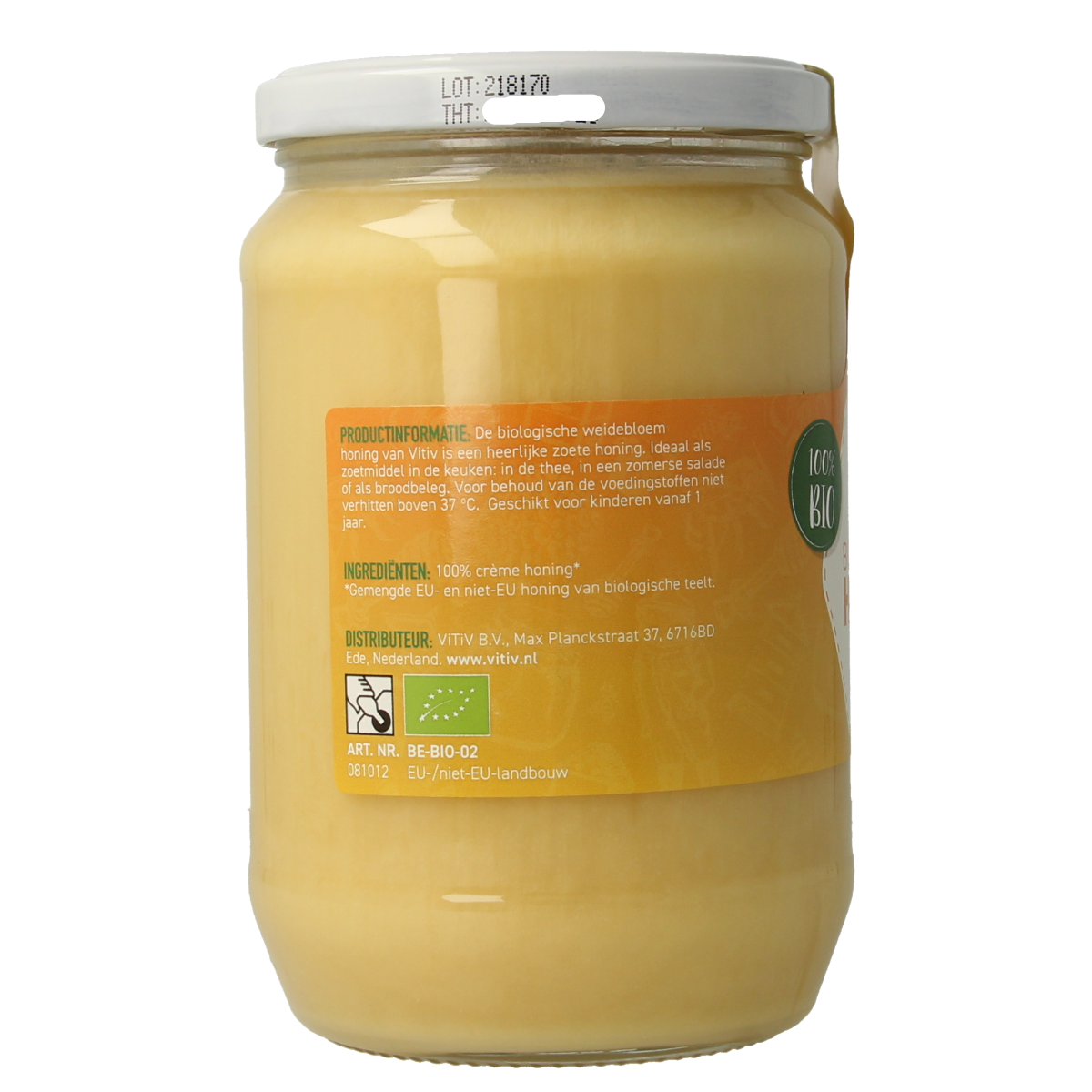 Vitiv bio honing creme jar, 900g, with golden honey texture and label, showcasing natural organic honey product.