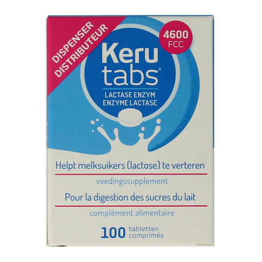 Kerutabs 4600 FCC fiber and enzyme supplement in a box of 100 tablets, dietary supplement for digestive health.