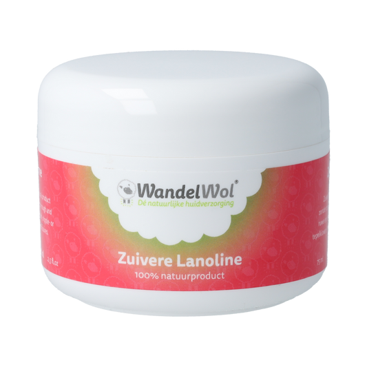 Wandelwol Zuivere Lanoline 75ml bottle for body care with a white label and cap, ideal for nourishing skin.