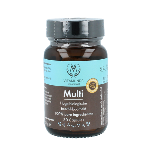 Vitamunda Liposomale Multi vitamin capsules in a bottle, dietary supplement for overall health and wellness.
