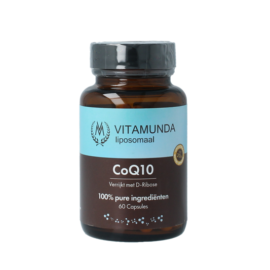 Vitamunda Liposomale CoQ10 capsules in a bottle, dietary supplement for energy and heart health.