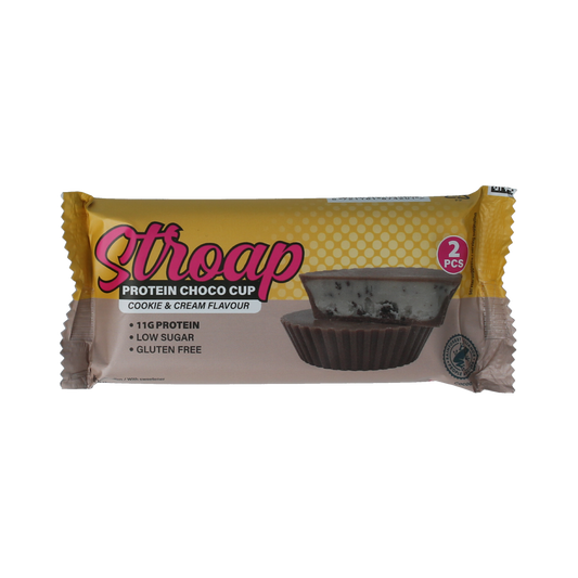 Stroap Protein Choco Cups Cookie & Cream chocolate snack, 42g, with creamy cookie filling and smooth chocolate coating.