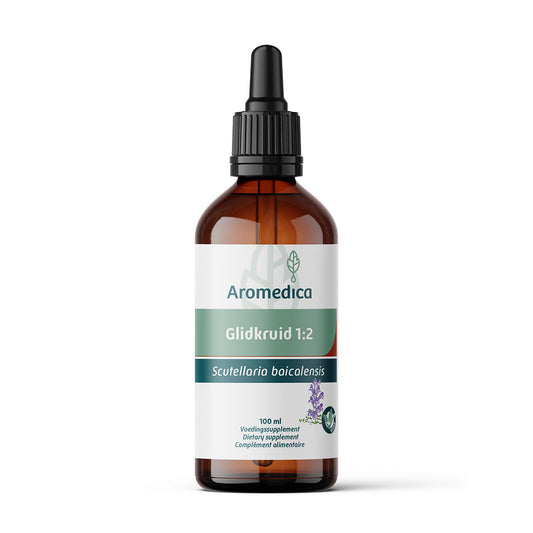 Aromedica Glidkruid/scuttelariat herbal preparation bottle with label, 100ml, in clear glass container for natural remedies.
