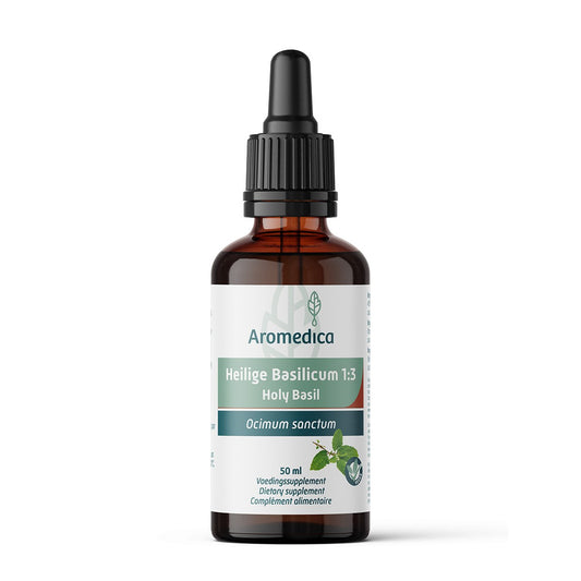 Aromedica Heilige Basilicum herbal preparation 1:3 in a 50ml bottle, featuring fresh basil leaves and herbal extract label.