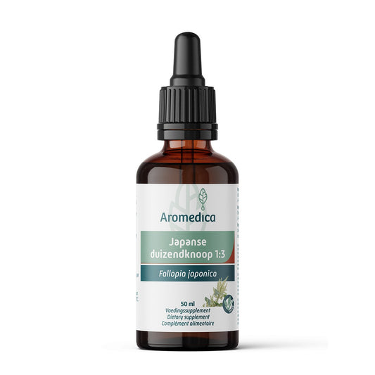 Aromedica Japanese Knotweed herbal extract bottle, 50ml, in a clear glass container with a white cap, labeled with product details.