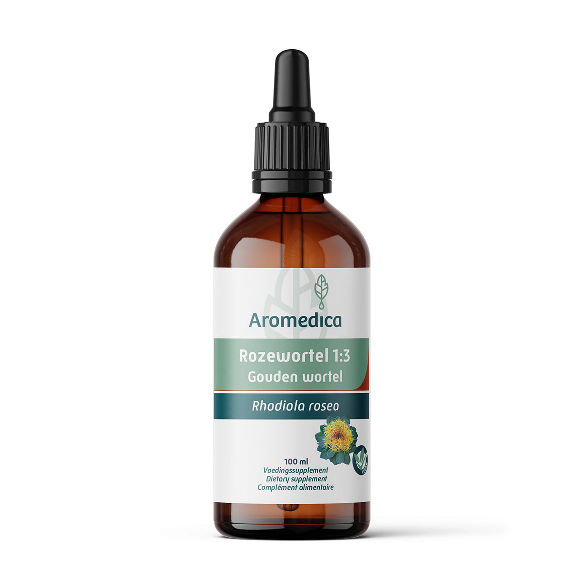 Aromedica Rozewortel/gouden wortel (rhodiola) herbal supplement in 100ml bottle, natural herbal preparation, with plant roots visible.