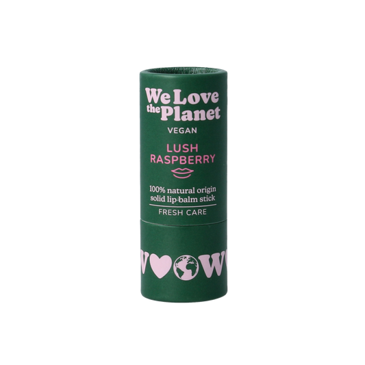 We Love The Planet vegan raspberry lip balm in a 7g container, showing the lush raspberry flavor and natural lip care packaging.