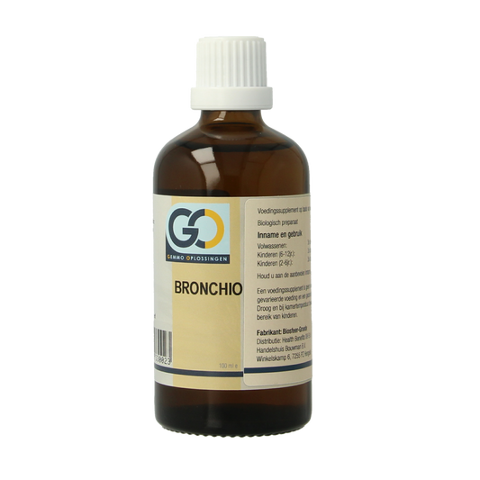 GO Bronchio bio herbal supplement in a 100ml bottle, featuring natural ingredients for respiratory support.