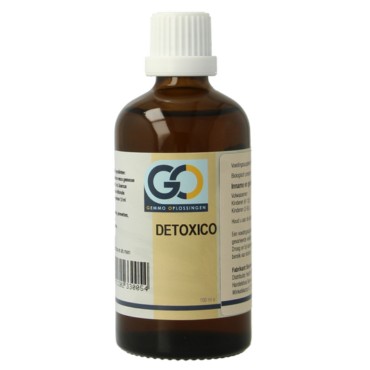 GO Detoxico bio herbal preparation bottle, 100ml, with natural herbs for detox and wellness, branded by GO.
