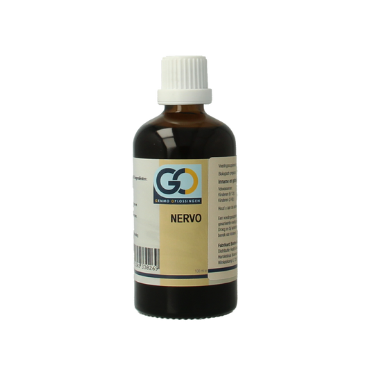 GO Nervo bio herbal supplement bottle with a label, containing 100 milliliters of natural herbal preparation.
