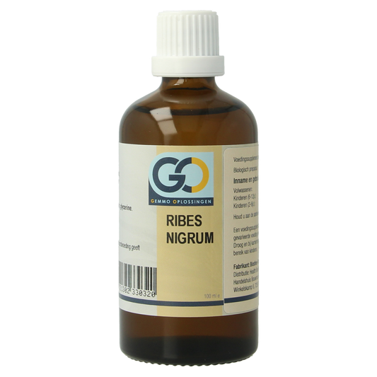 Bottle of GO Ribes Nigrum organic herbal extract, 100ml, with label showing black currant illustration and product details.