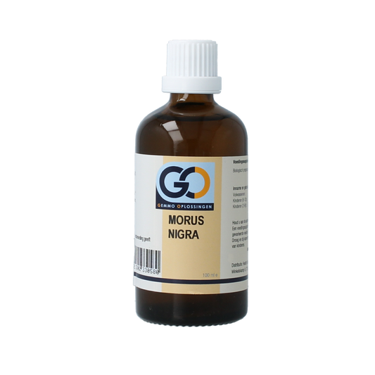 Bottle of GO Morus nigra bio herbal preparation, 100ml, with a clear label showing the brand and product details.