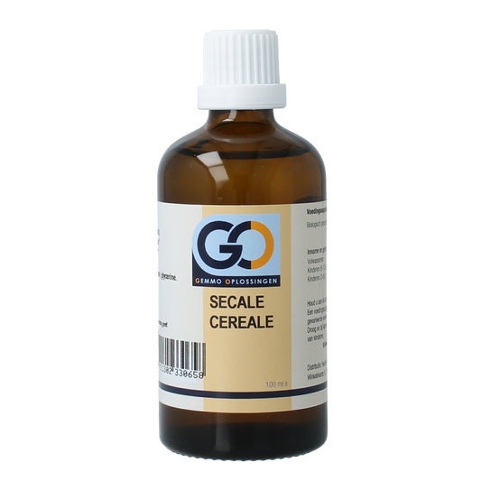 Bio GO Secale cereale herbal tincture bottle labeled "Kruidenpreparaten" with a dark glass container and white cap.