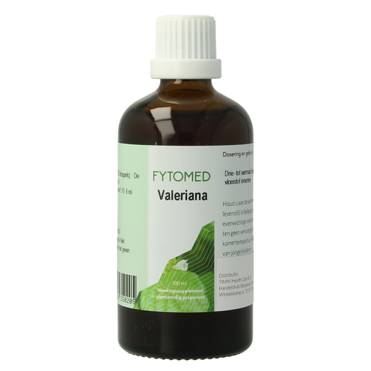 Fytomed Valeriana bio herbal preparation bottle, 100ml, with herbal leaves on label, natural supplement for relaxation and sleep support