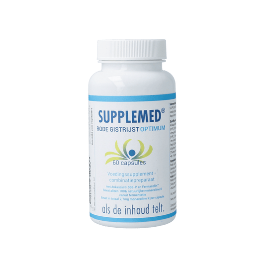 Supplemed Rode gistrijst capsules in a bottle, herbal supplement for health and wellness, natural herbal product from Supplemed.