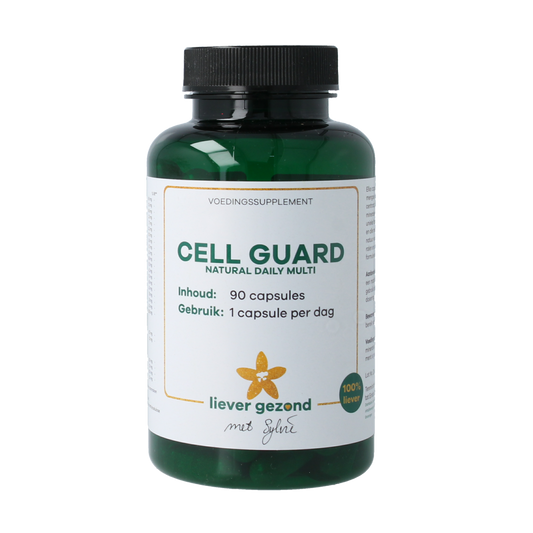 Liever Gezond Natural daily multivitamin capsules, vegetarian multi-cell guard supplement, shown in a transparent container.
