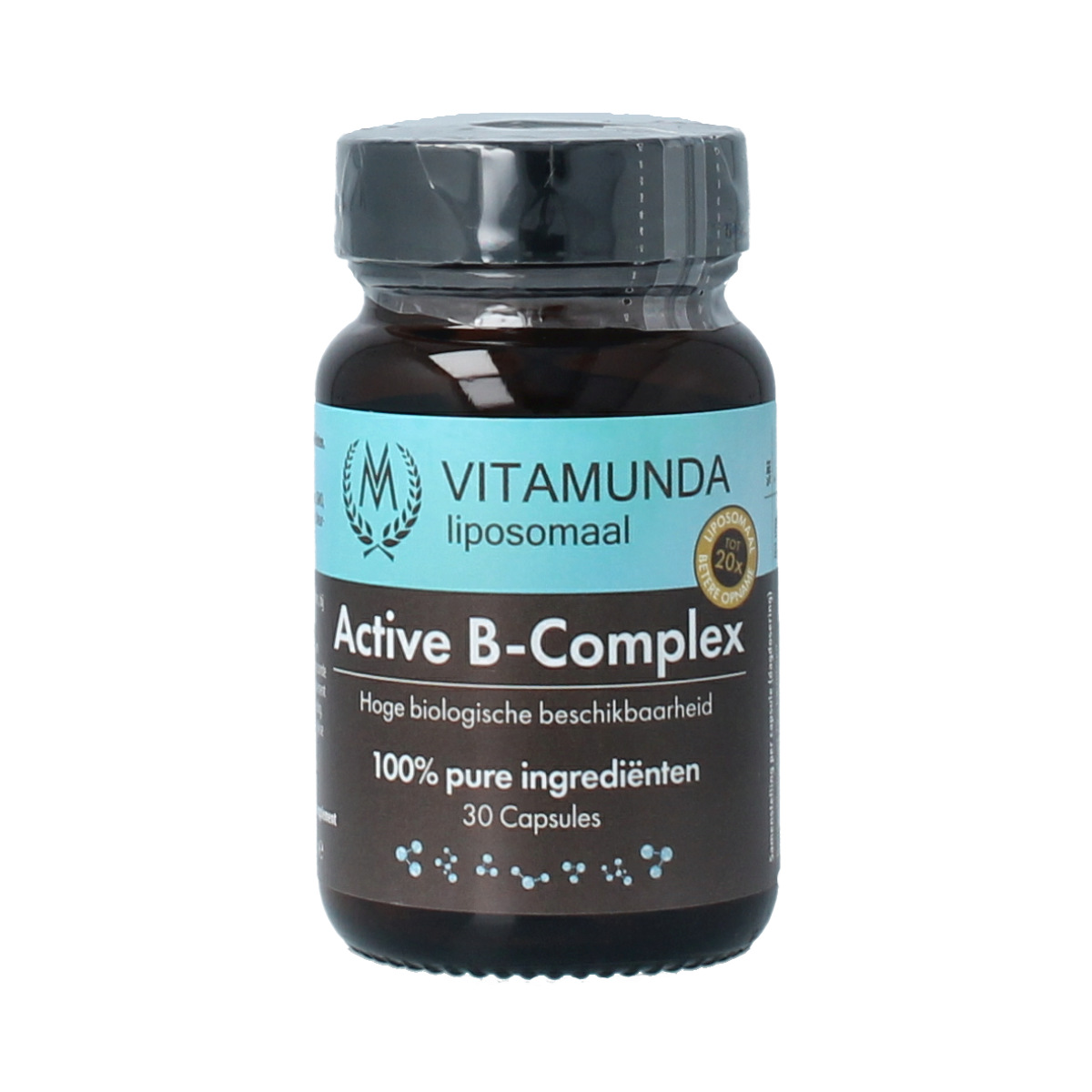 Vitamunda Liposomale Active-B Complex capsules, dietary supplement with B vitamins, in a white bottle with label.