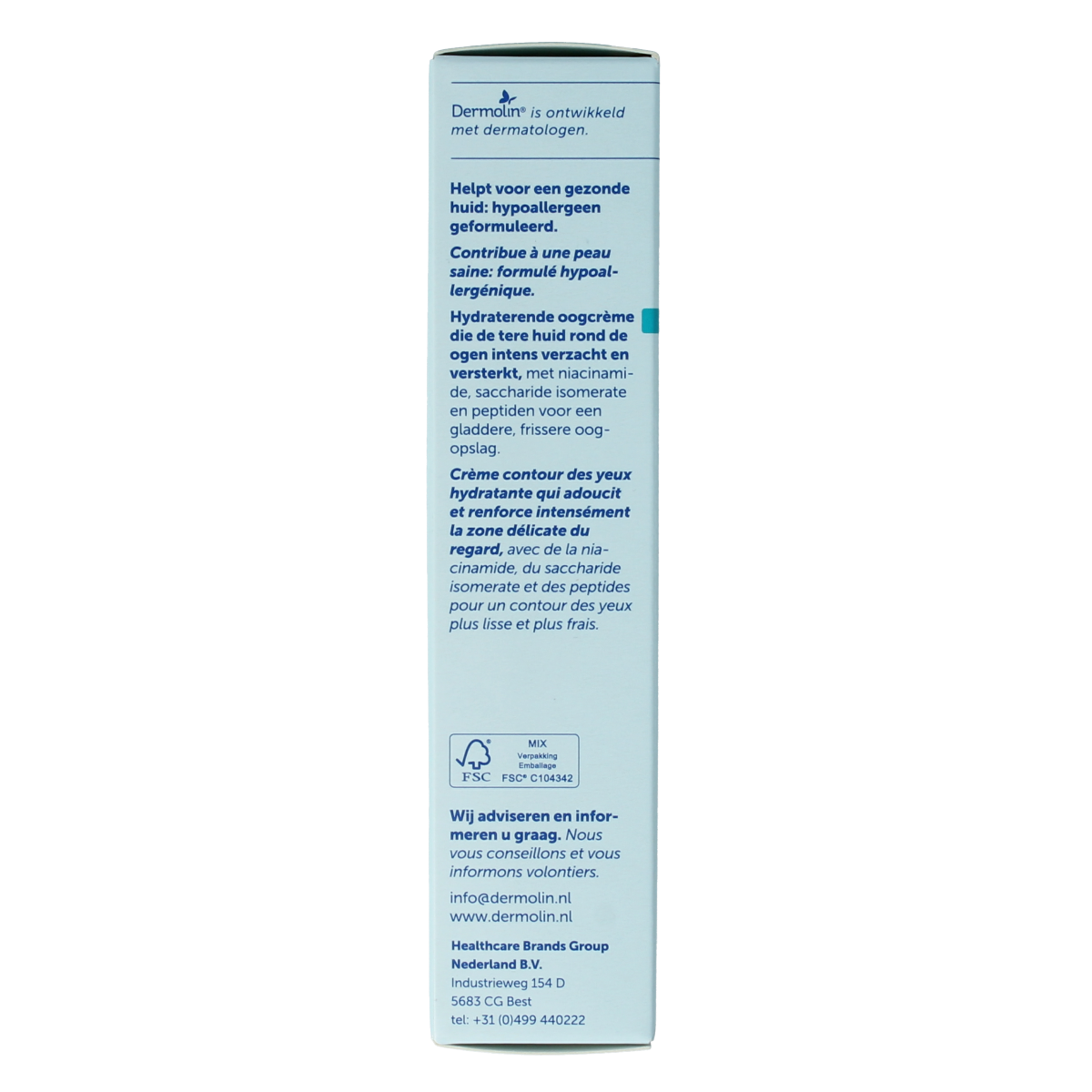 Dermolin hydraterende oogcrème in tube, gezichtverzorging, 15 ml, close-up of the moisturizing eye cream product