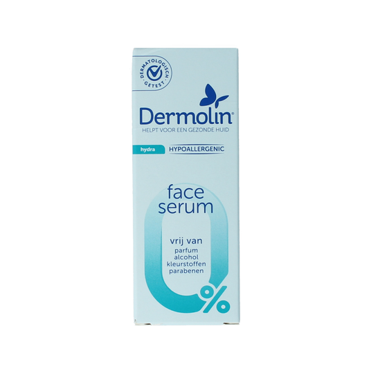 Dermolin Hydra Serum with pipette, 30ml, hydrating facial skincare product in a clear bottle with a dropper applicator.