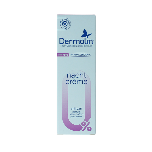 Dermolin anti-aging night cream in a 50ml bottle, facial skincare product with a white pump dispenser and sleek packaging.