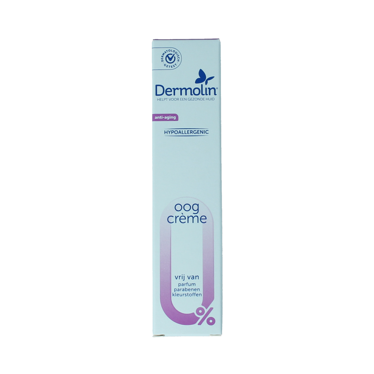 Dermolin anti-aging eye cream in 15ml tube, eye care product with smooth texture and applicator for reducing signs of aging.
