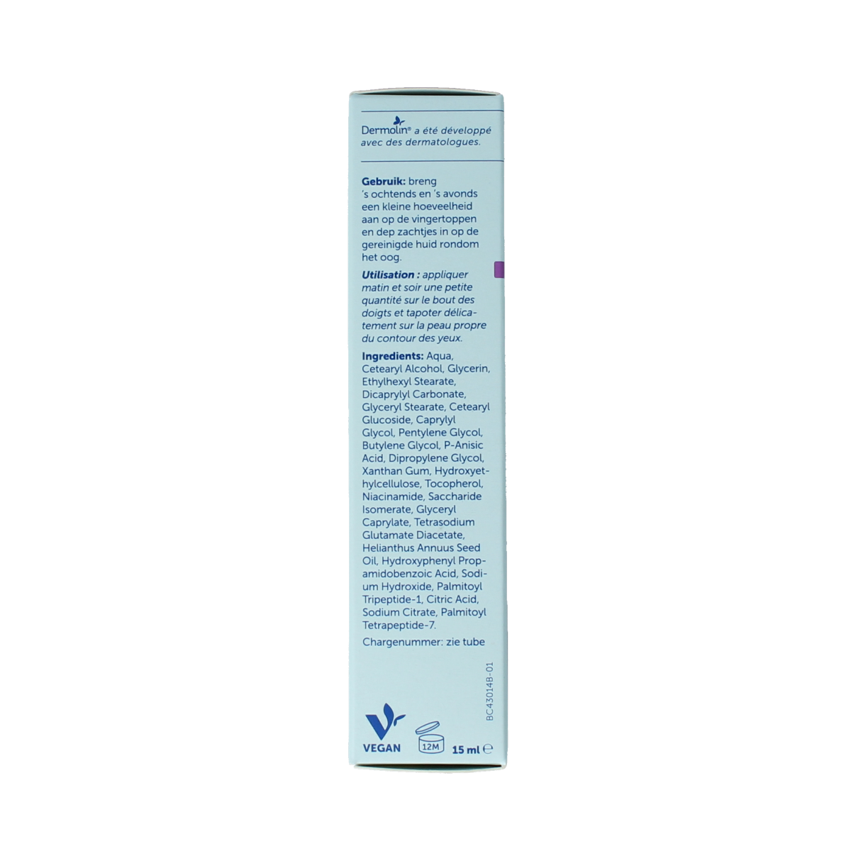 Dermolin anti-aging eye cream in 15ml tube, eye care product with smooth texture and applicator for reducing signs of aging.