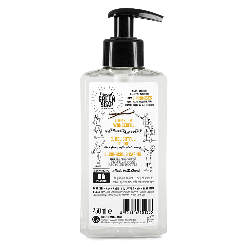 Marcel's Green Soap vanilla and amber hand soap in a 250ml bottle, with a clear pump dispenser and green label design.