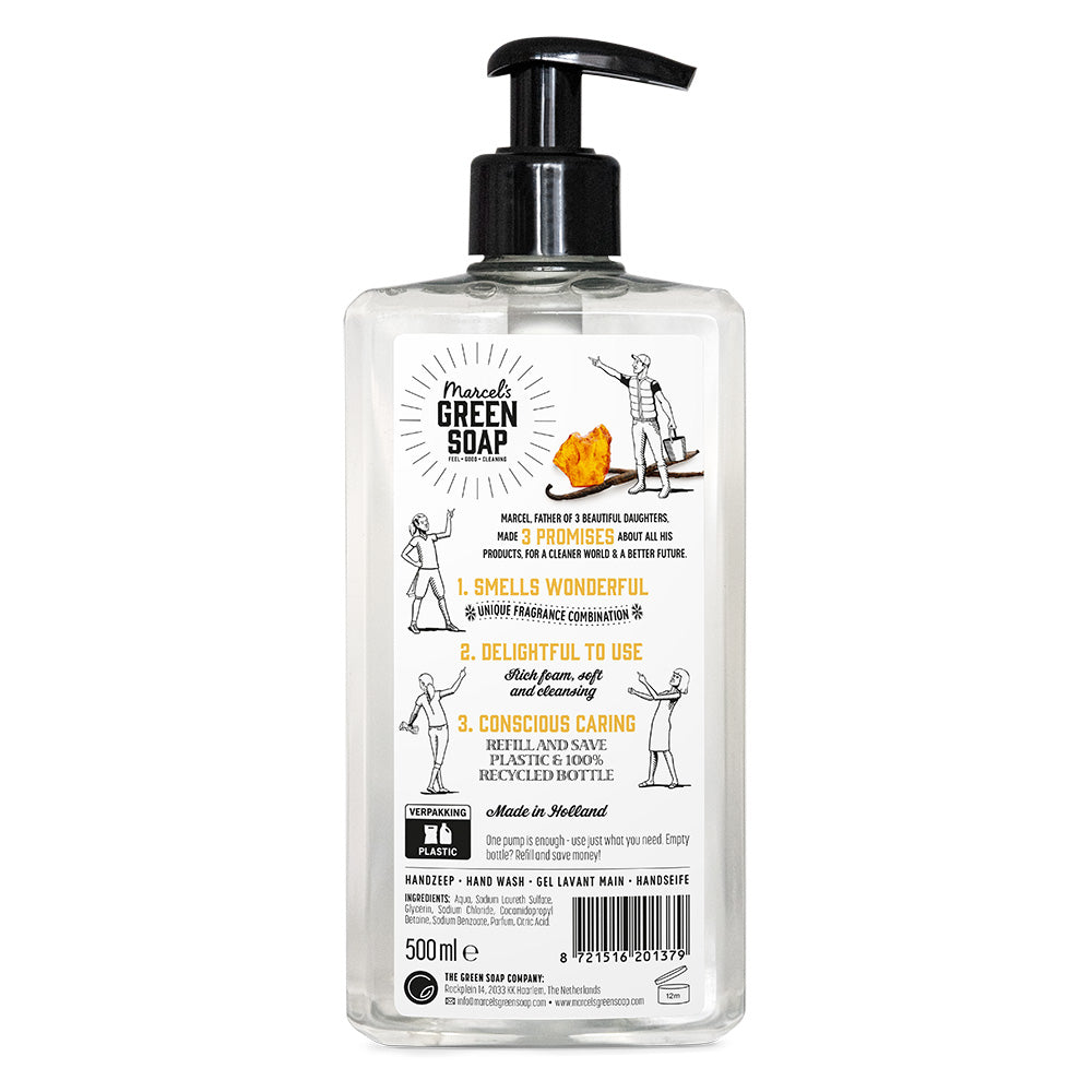 Marcel's Green Soap Vanilla & Amber hand soap in a 500 ml bottle, featuring a transparent dispenser and elegant label design.