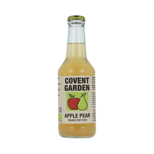 Covent Garden organic apple pear juice in a 250ml bottle, natural fruit beverage with colorful label, ready to enjoy.