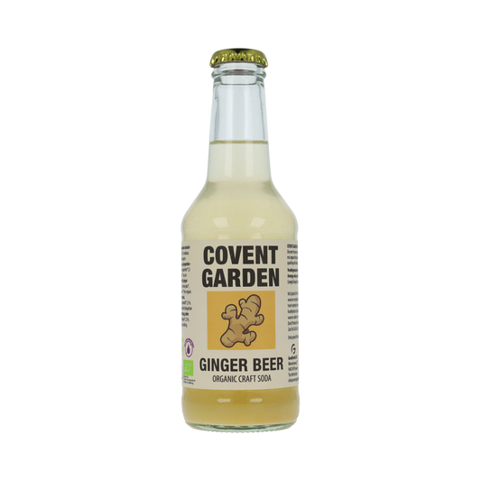 Bottle of Covent Garden Ginger Beer Bio in 250ml glass, with a label featuring ginger and natural ingredients.