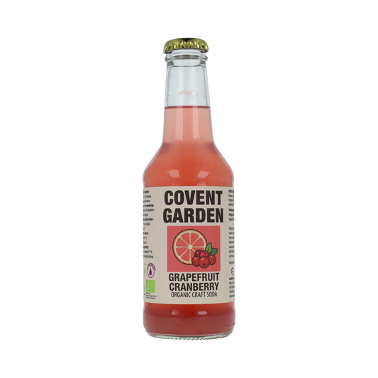 Bottle of Covent Garden grapefruit cranberry organic drink, 250ml, with vibrant label and clear liquid inside.