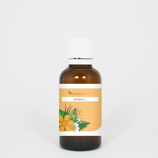 A bottle of Balancepharma Amazone Vital herbal supplement, 25 ml, with herbal ingredients in a clear glass bottle labeled Balancepharma.