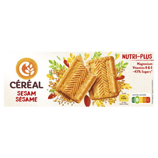 Cereal sesam koekjes, 230g, showing golden sesame seed cookies with textured surface and crispy appearance.
