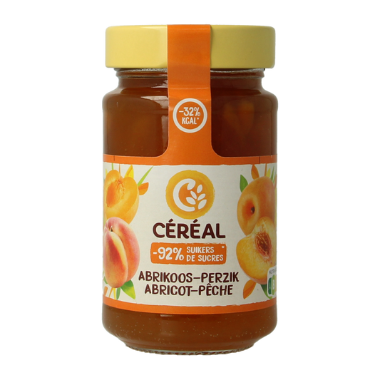 Cereal brand fruit spread with apricot and peach flavor on bread, 270 grams jar, smooth textured broodbeleg.