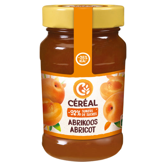 Cereal fruitbeleg abrikoos suikervrij spread on bread, 270g jar, natural orange-colored apricot jam from Cereal brand