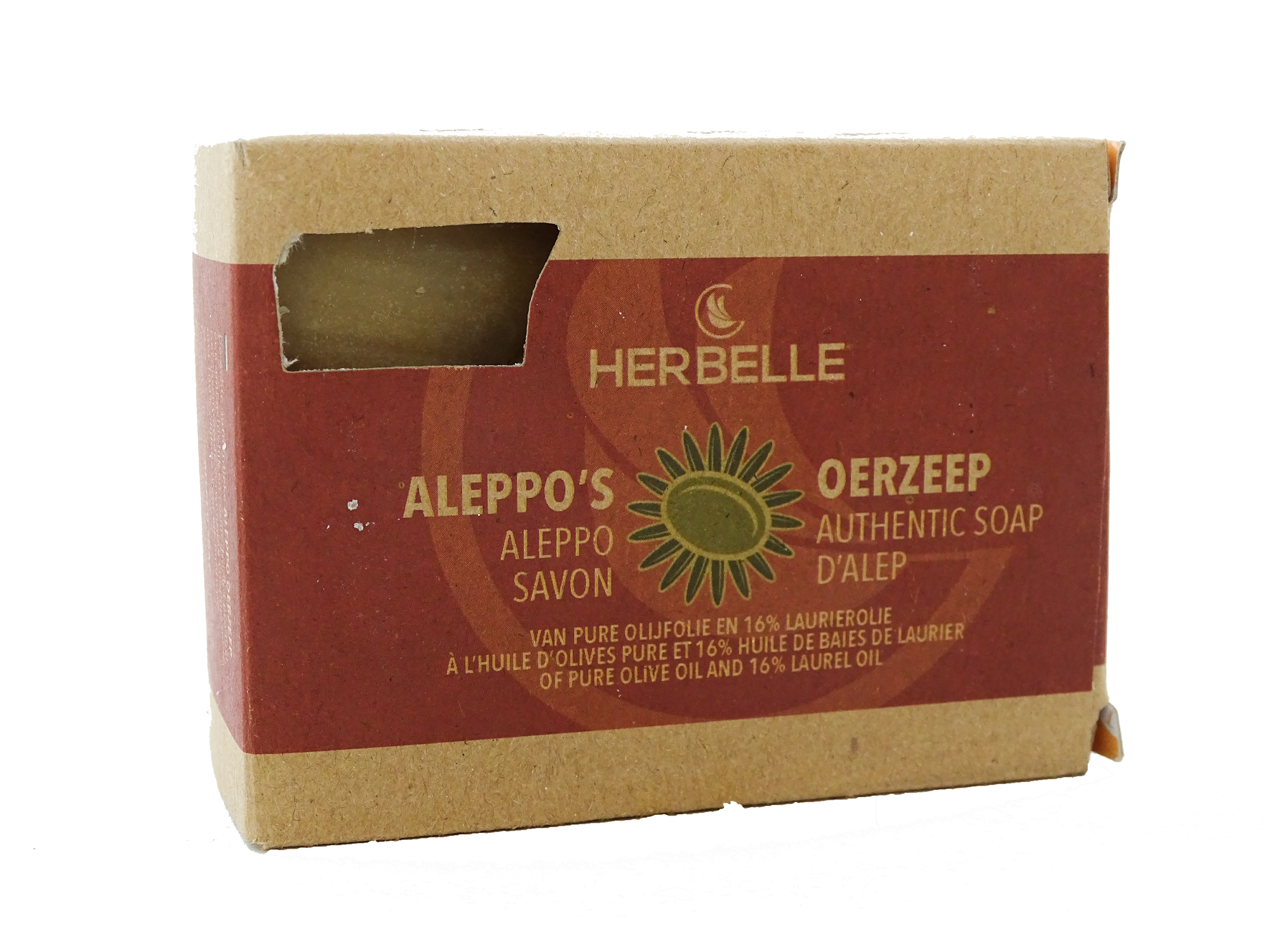 Herbelle Aleppo soap with olive oil and 16% laurel, 180g, showing the traditional herbal soap bar with textured surface.