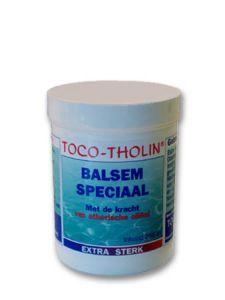 Toco Tholin Balsem speciaal 250ml for muscle and joint care, featuring a white jar with green and blue label and lid.