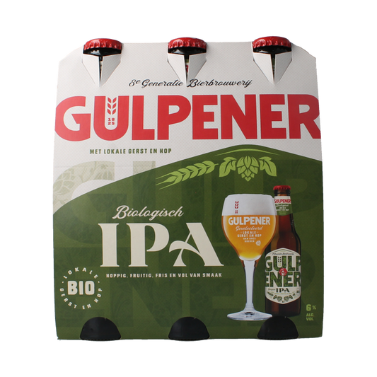 Gulpener Pilsener ur hop 300ml bio beer bottles, six-pack, featuring clear labels and golden beer inside bottles.
