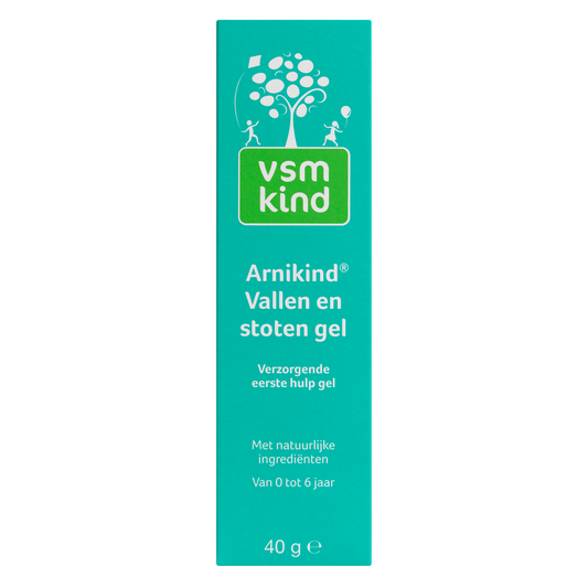 VSM Arnikind baby vallen en stoten gel for ages 0-6 years, 40g, in a white tube with blue and green accents.