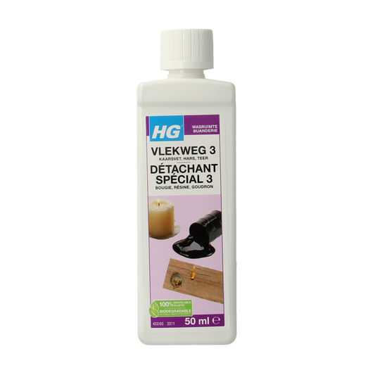 HG Vlekweg nr. 3 cleaning product in 50ml bottle, used for removing wax, resin, and stains from surfaces.
