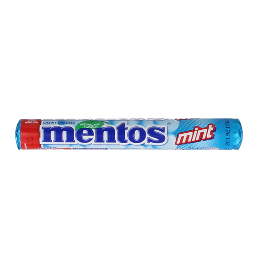 Mentos Mint 1.00 roll of chewy mint candies, featuring the Mentos brand packaging and fresh mint flavor.