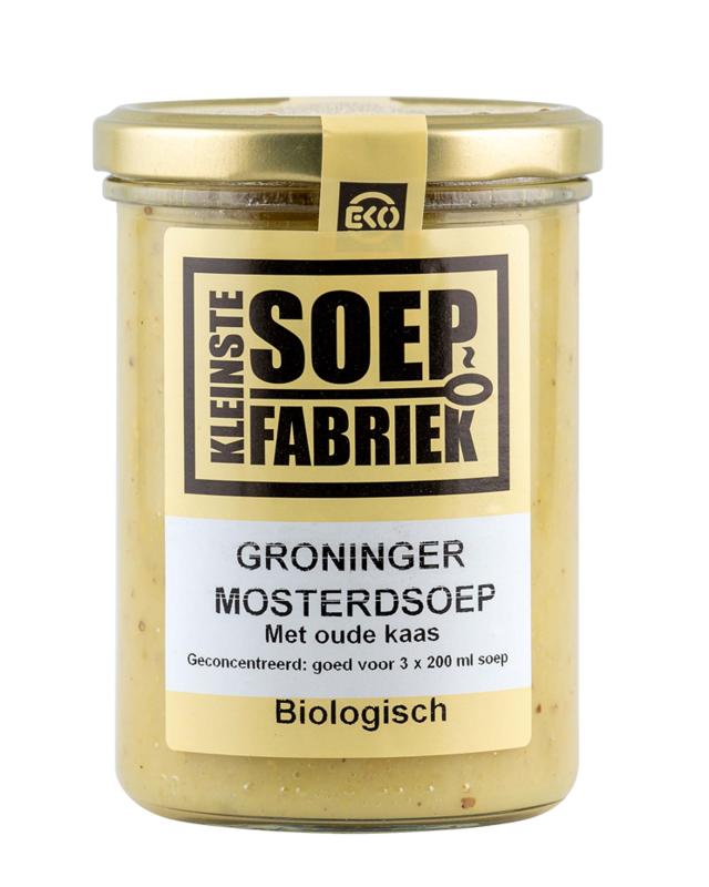 Kleinstesoepfabriek Groninger bio mustard soup in 400ml can, showing the label and packaging of the soup product.