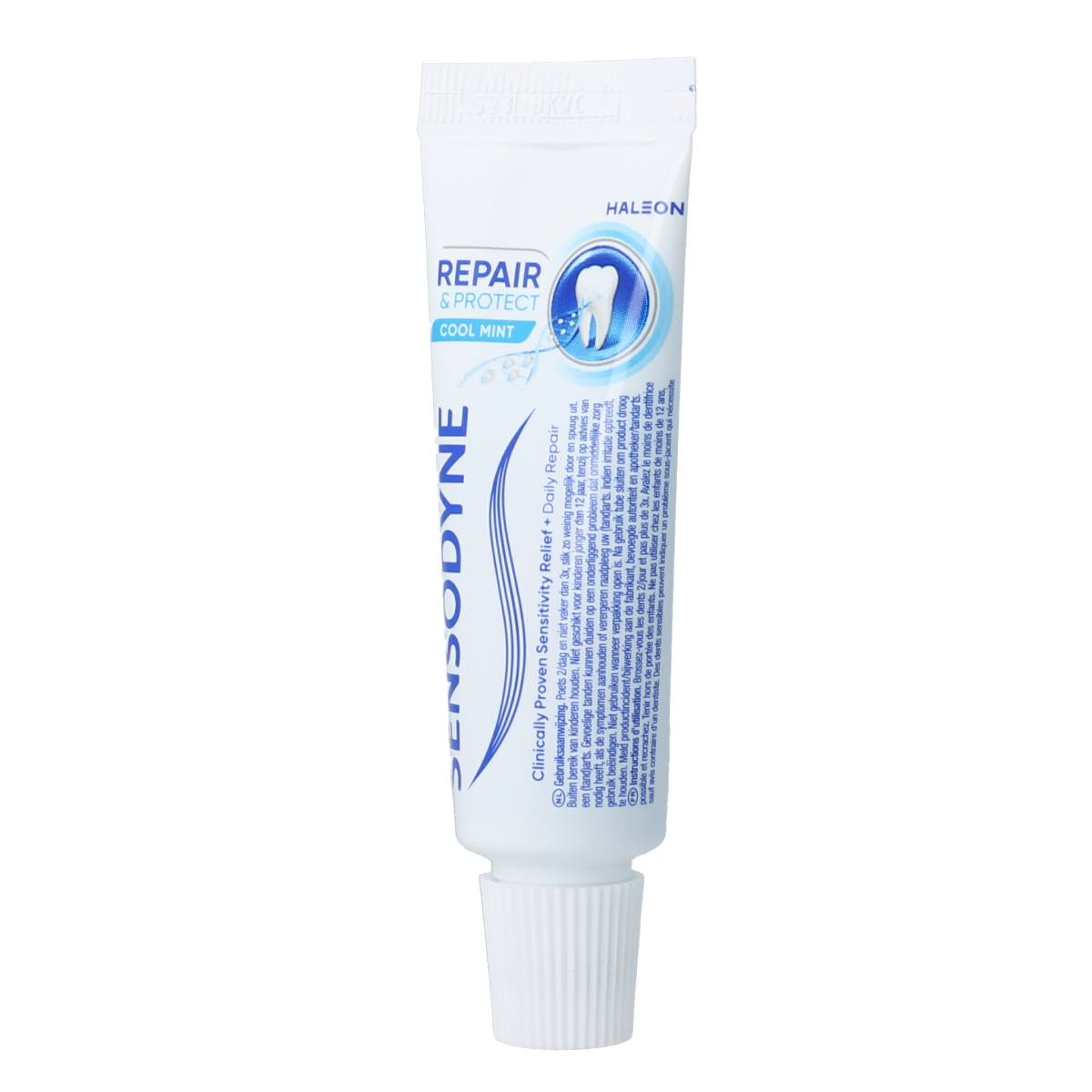 Sensodyne Repair & Protect mini toothpaste tube, 15ml, showing the white and blue packaging with brand logo and product details.