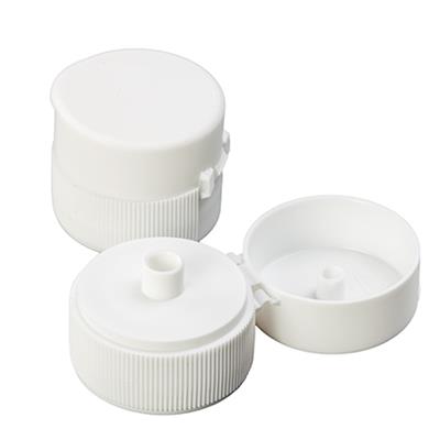 Spruyt Hillen doseerdop with klapafsluiter for packaging, shown in a box of 50 pieces, used for secure container sealing.
