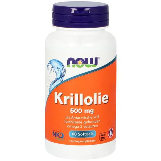 NOW Krill Oil 500mg softgels, omega fatty acids supplement, in a bottle with 60 softgel capsules.