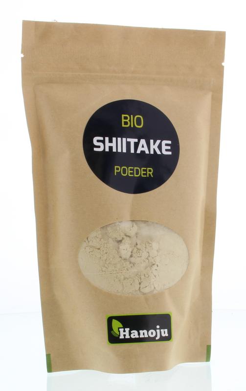 Hanoju organic shiitake mushroom powder in a clear jar, showing fine brown shiitake mushroom powder for culinary use.