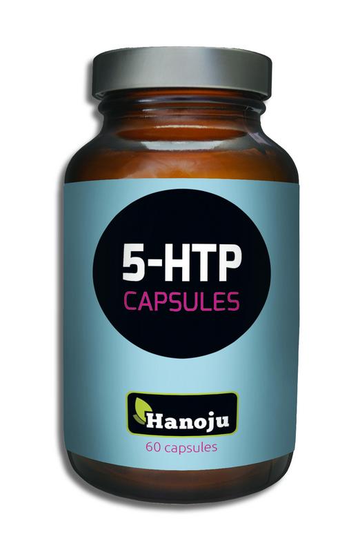 Hanoju 5-HTP capsules in a white bottle, herbal supplement product from Hanoju for mood support and well-being.