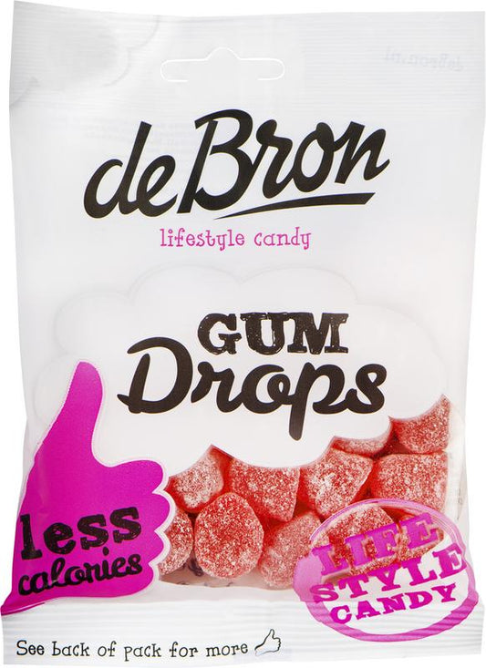 De Bron Raspberry Gumdrops, 100g, chewy raspberry-flavored candy with vibrant red color and sugar-coated exterior.